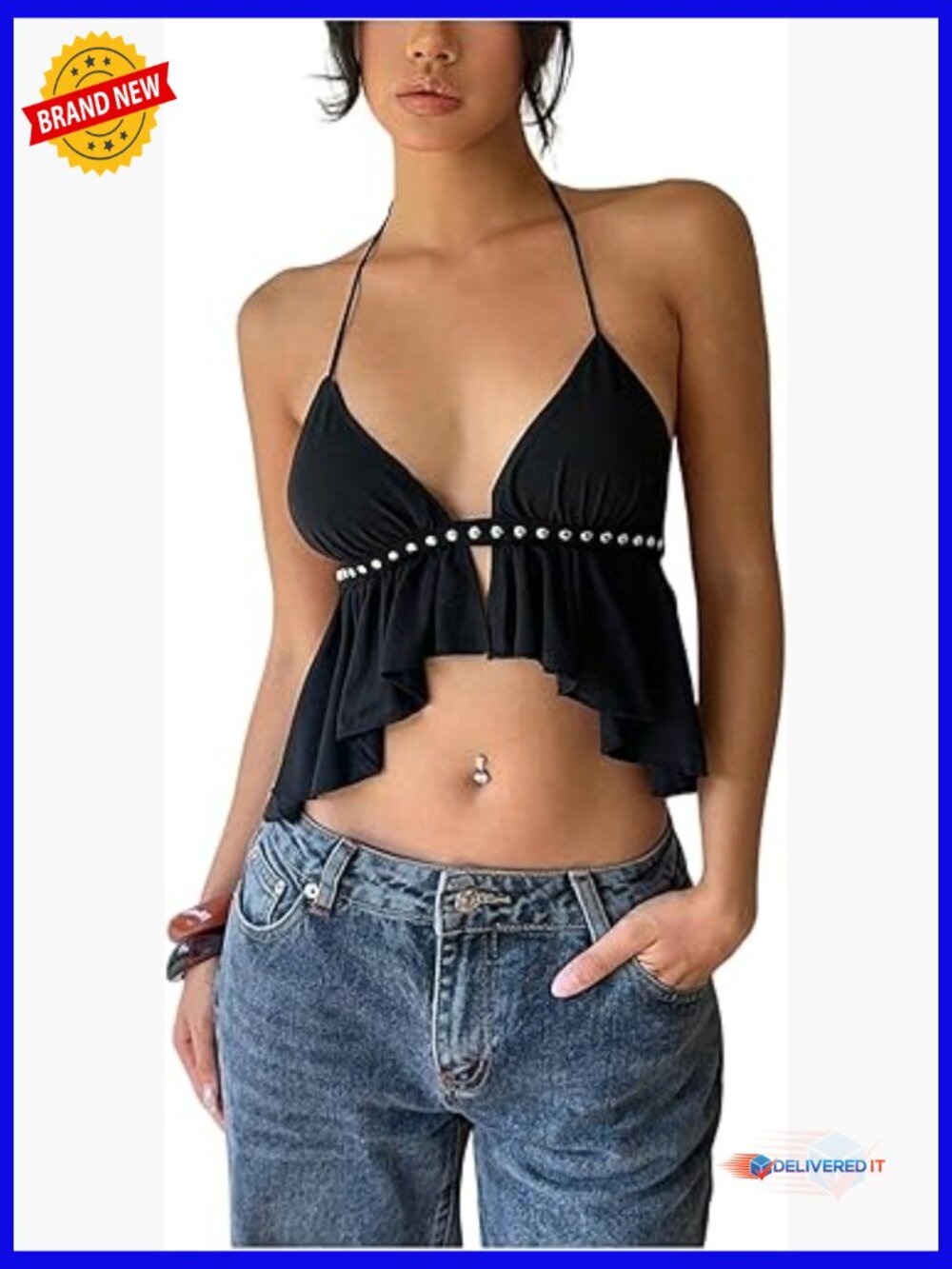 Y2K Asymmetrical Ruffle Cami Crop Top Backless Tie Halter